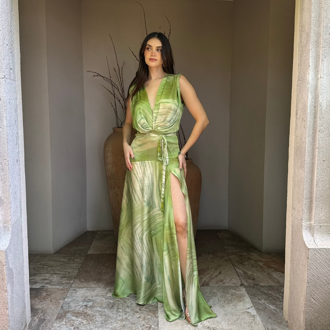 Rosina | Vestido largo satín multicolor verde