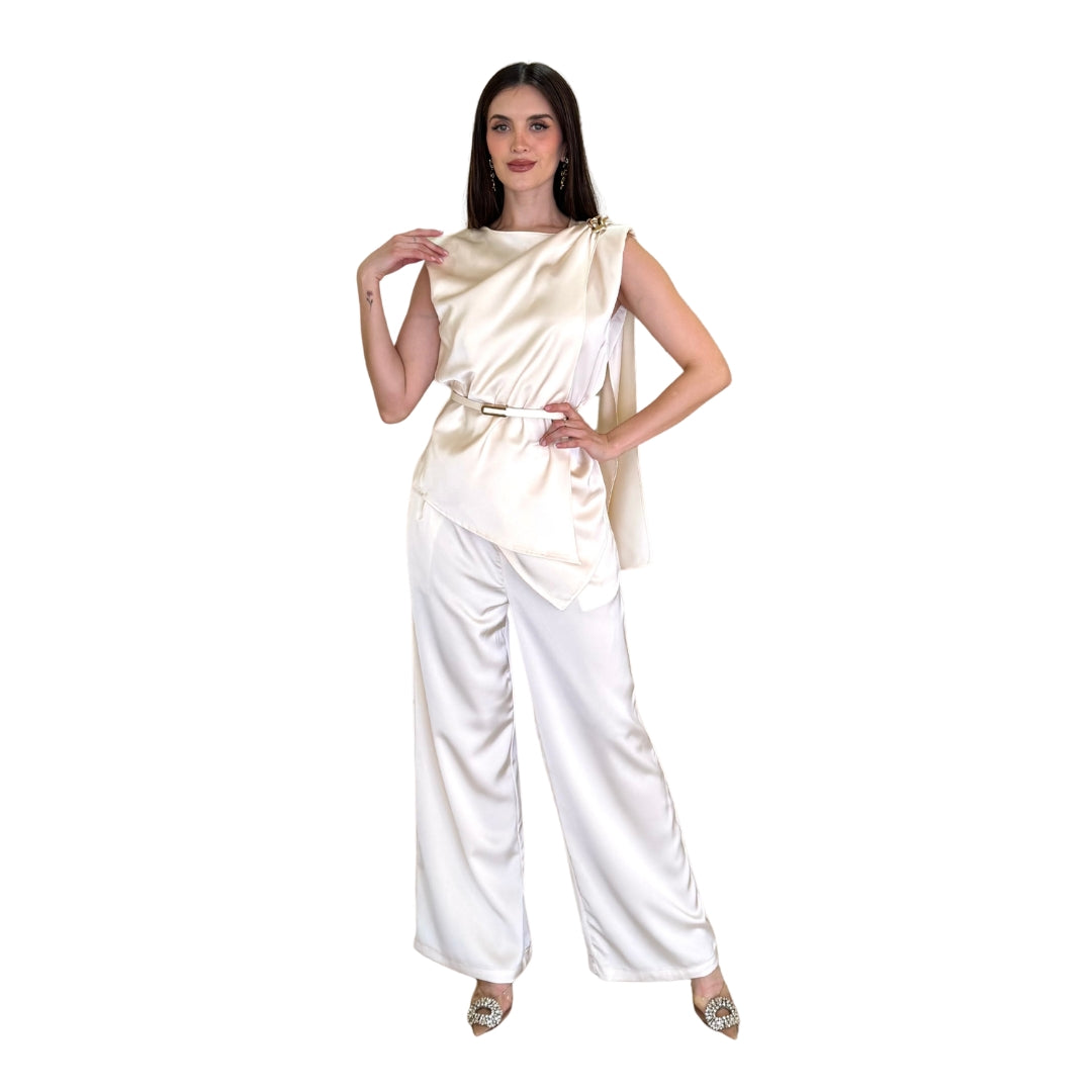 Amabel | Conjunto satín ivory con cinturón