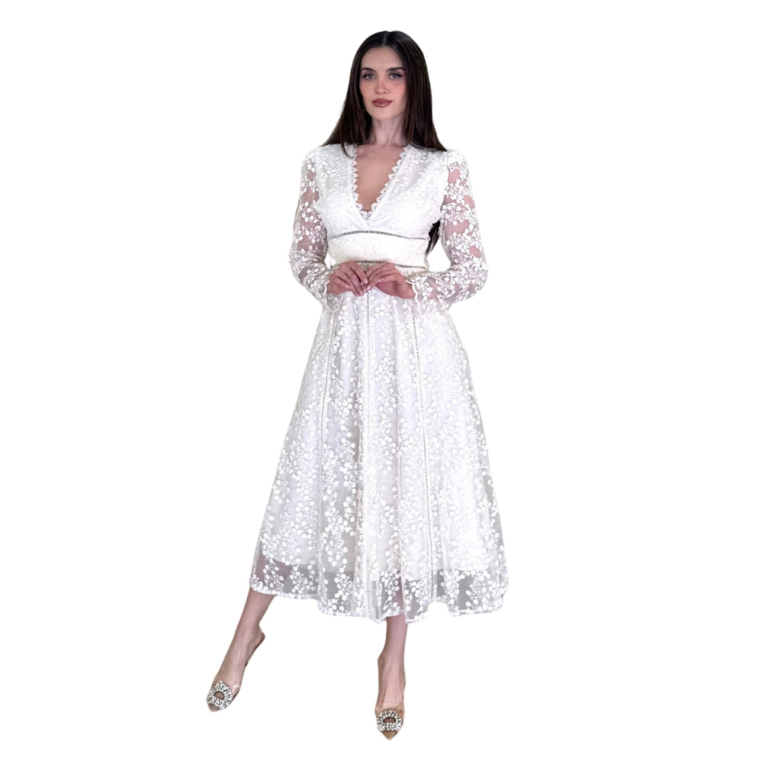 Dina | Vestido midi encaje con manga ivory