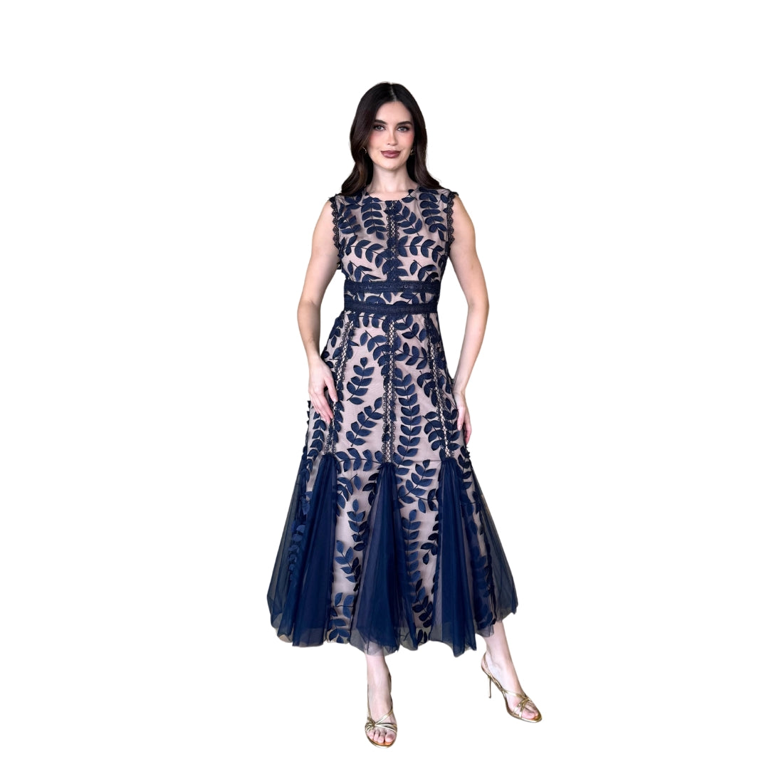 Libby | Vestido midi bordado floral azul marino