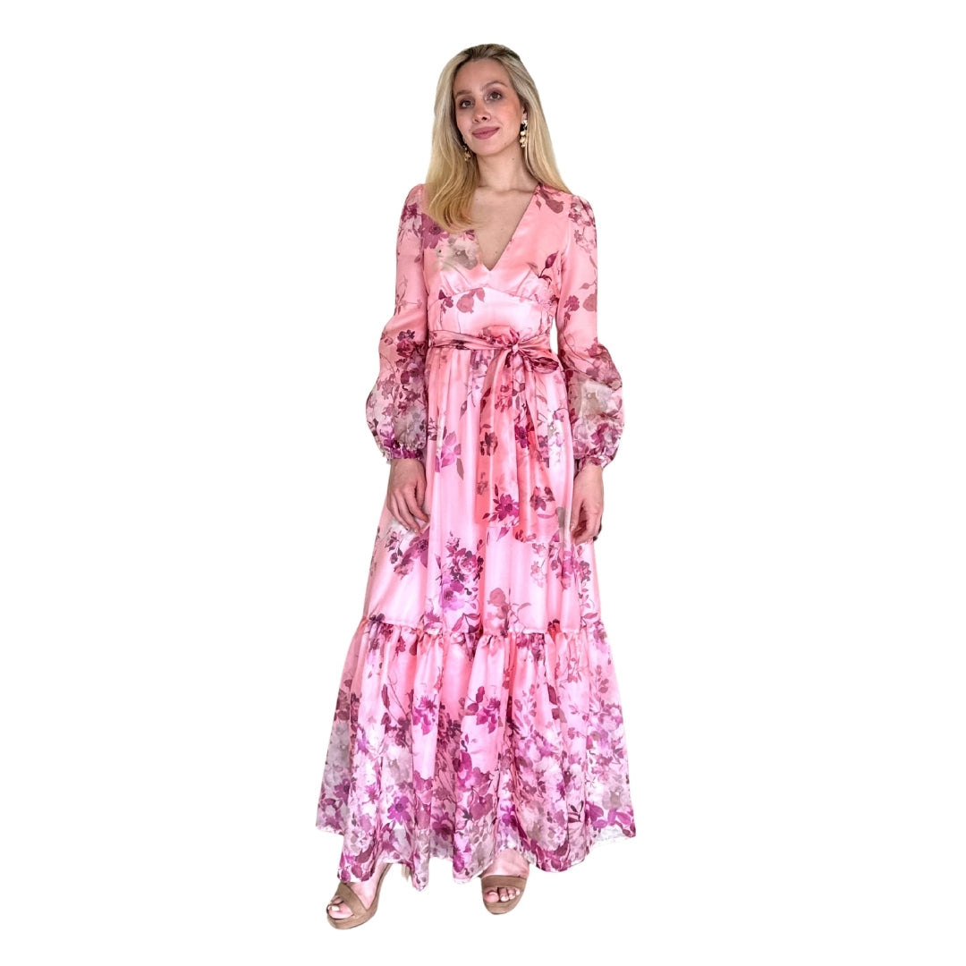 Telma | Vestido largo con cinta ajustable rosa estampado