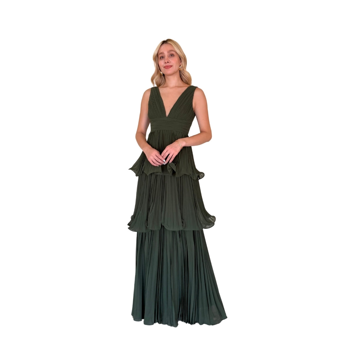 Marisa | Vestido largo plisado capas olivo