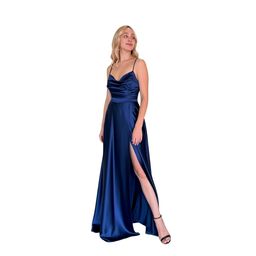 Jara | Vestido largo espalda cruzada satín azul cobalto