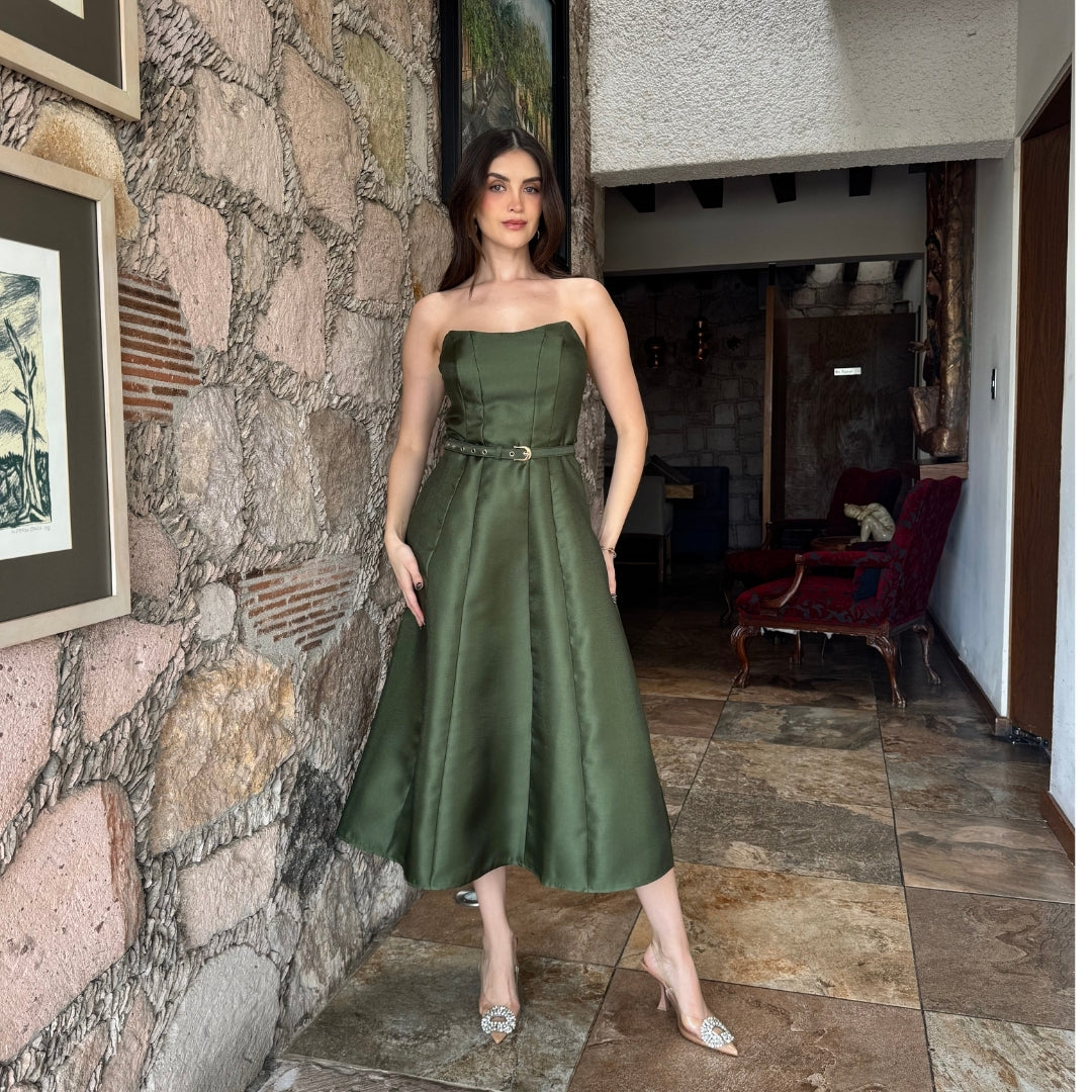 Luan | Vestido midi con cinturón olivo