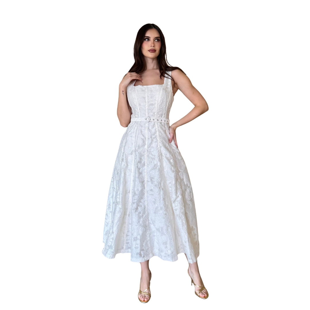 Delilah | Vestido midi bordado con cinturón ivory