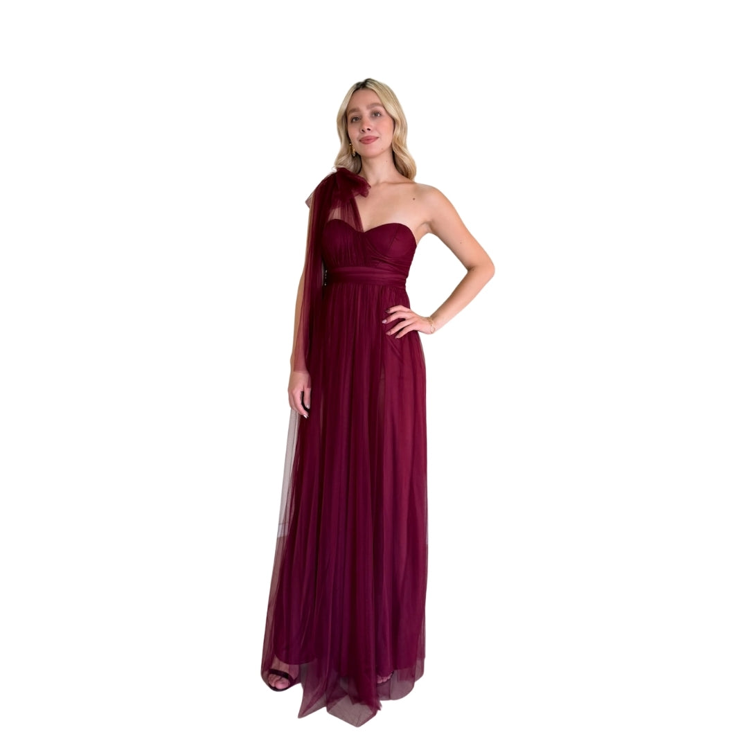 Myra | Vestido largo tul asimétrico vino