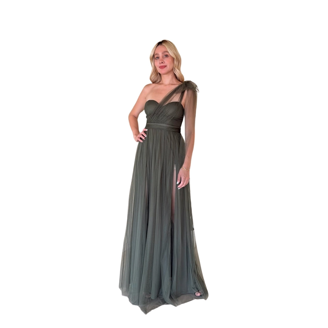 Myra | Vestido largo tul asimétrico olivo