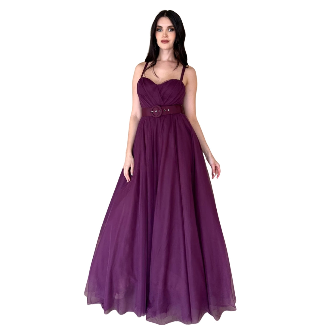 Cayetana | Vestido largo falda tul con cinturón purpura