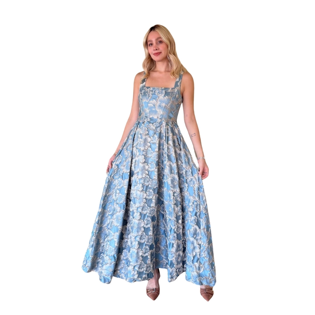 Nubia | Vestido largo con estampado metálico y textura azul cielo