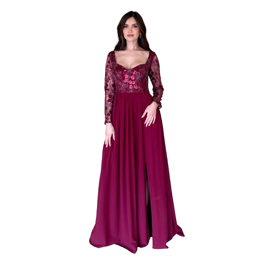 Luisa | Vestido largo lentejuelas vino