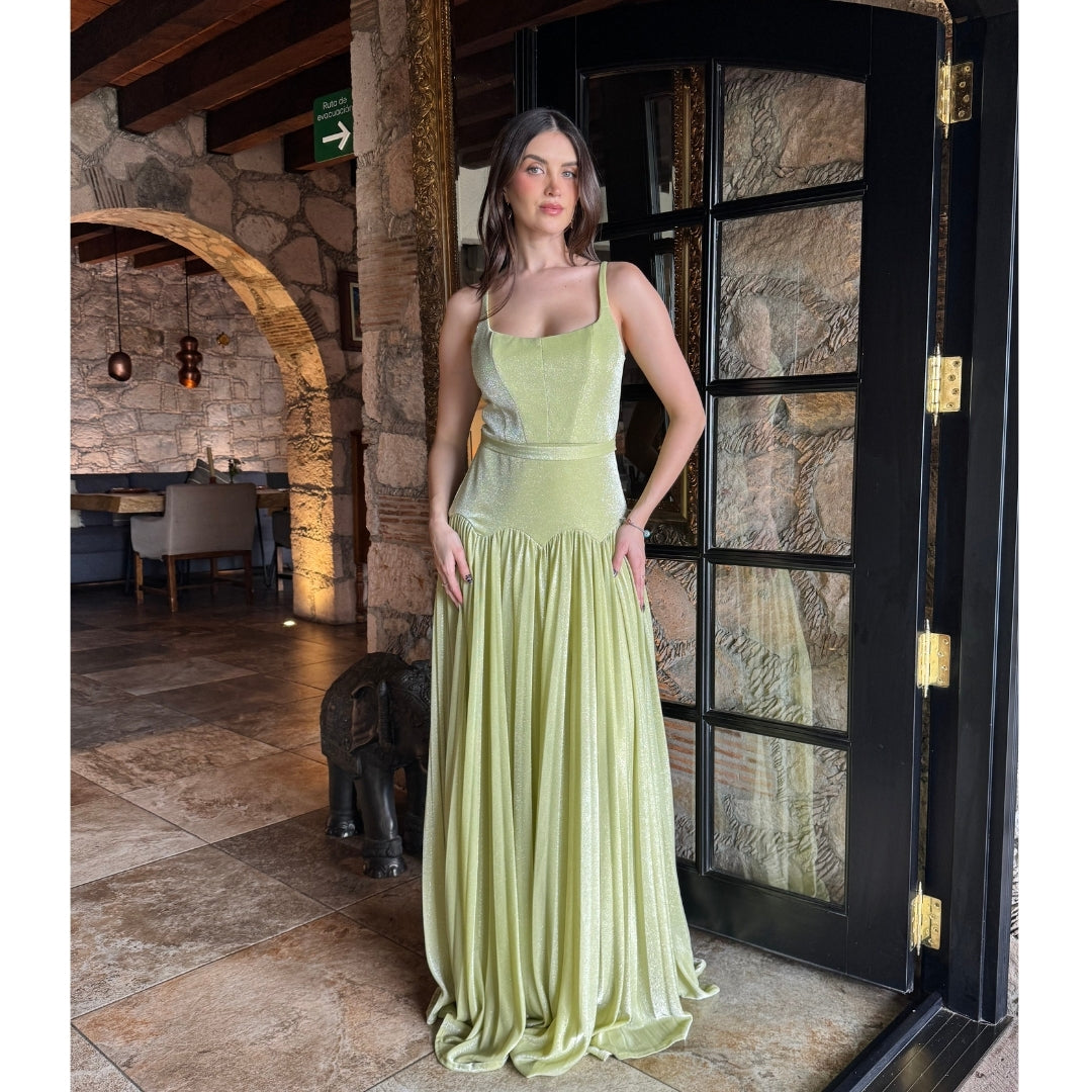 Monier | Vestido largo plisado glitter lima