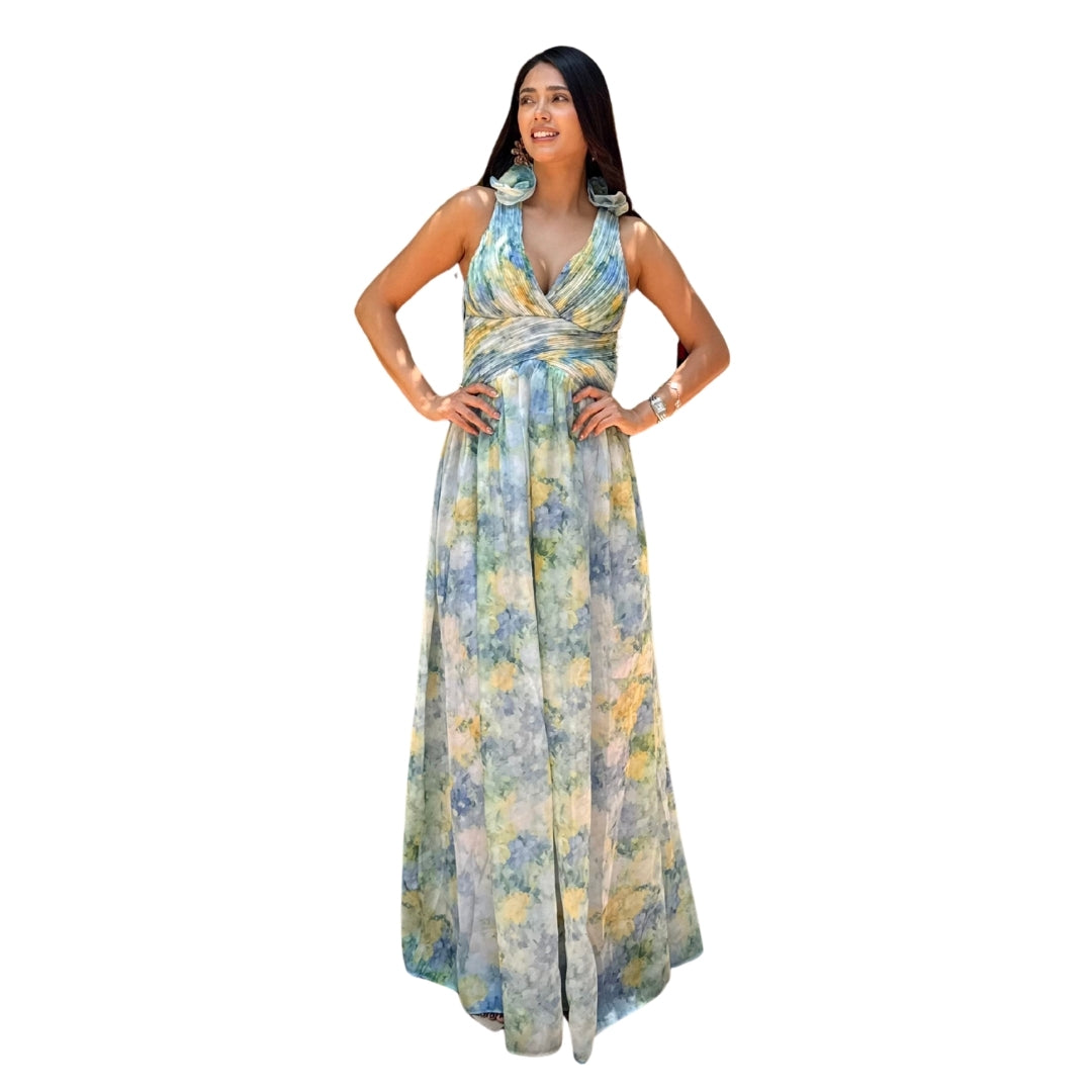 Amina | Vestido largo estampado floral verde