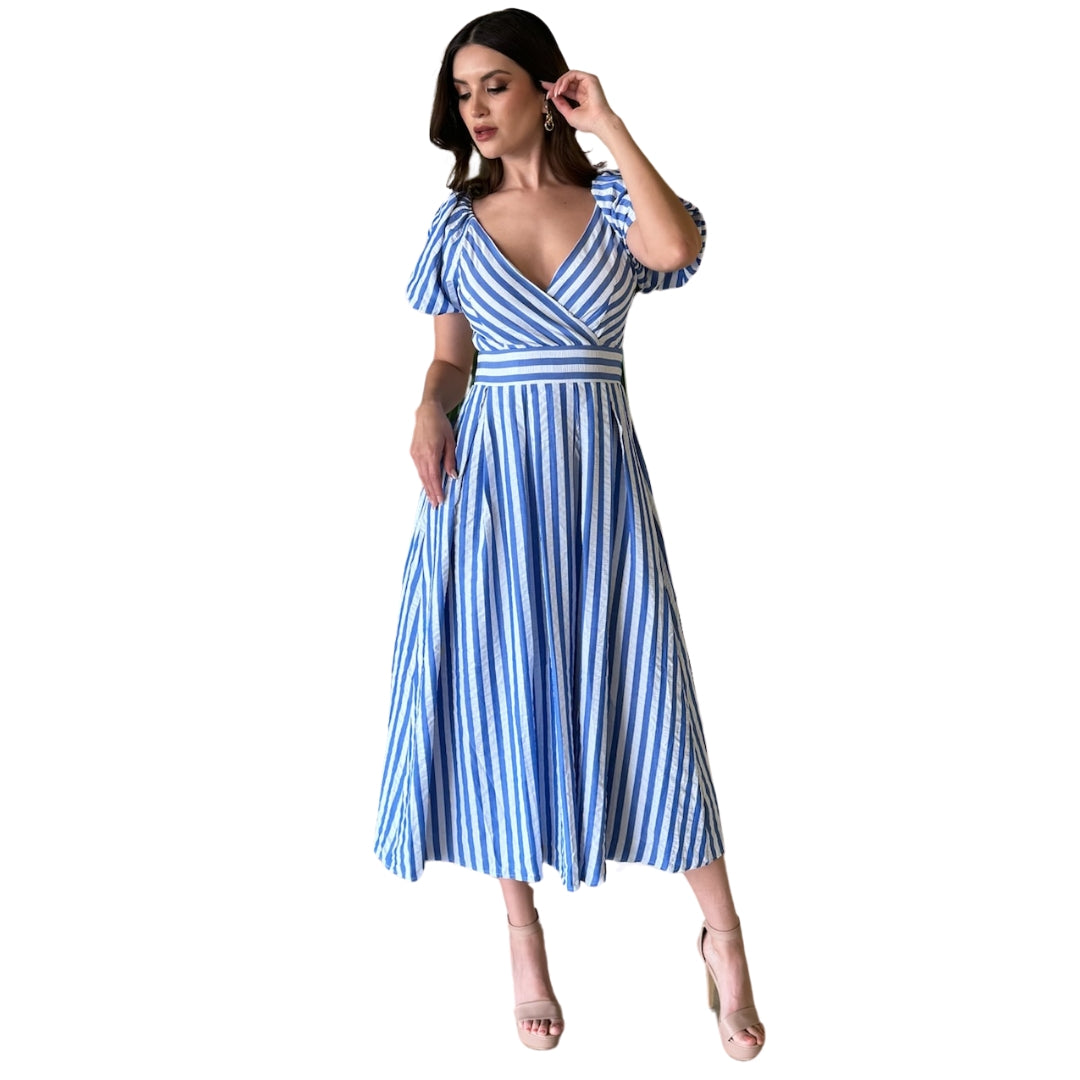 Mayela | Vestido midi mangas puff líneas azules