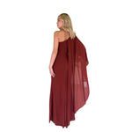 Pamela | Vestido largo cauda en hombro terracota