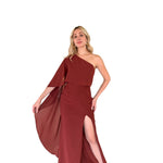 Pamela | Vestido largo cauda en hombro terracota