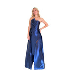 Eiko | Vestido largo strapless con escarola y cauda azul cobalto