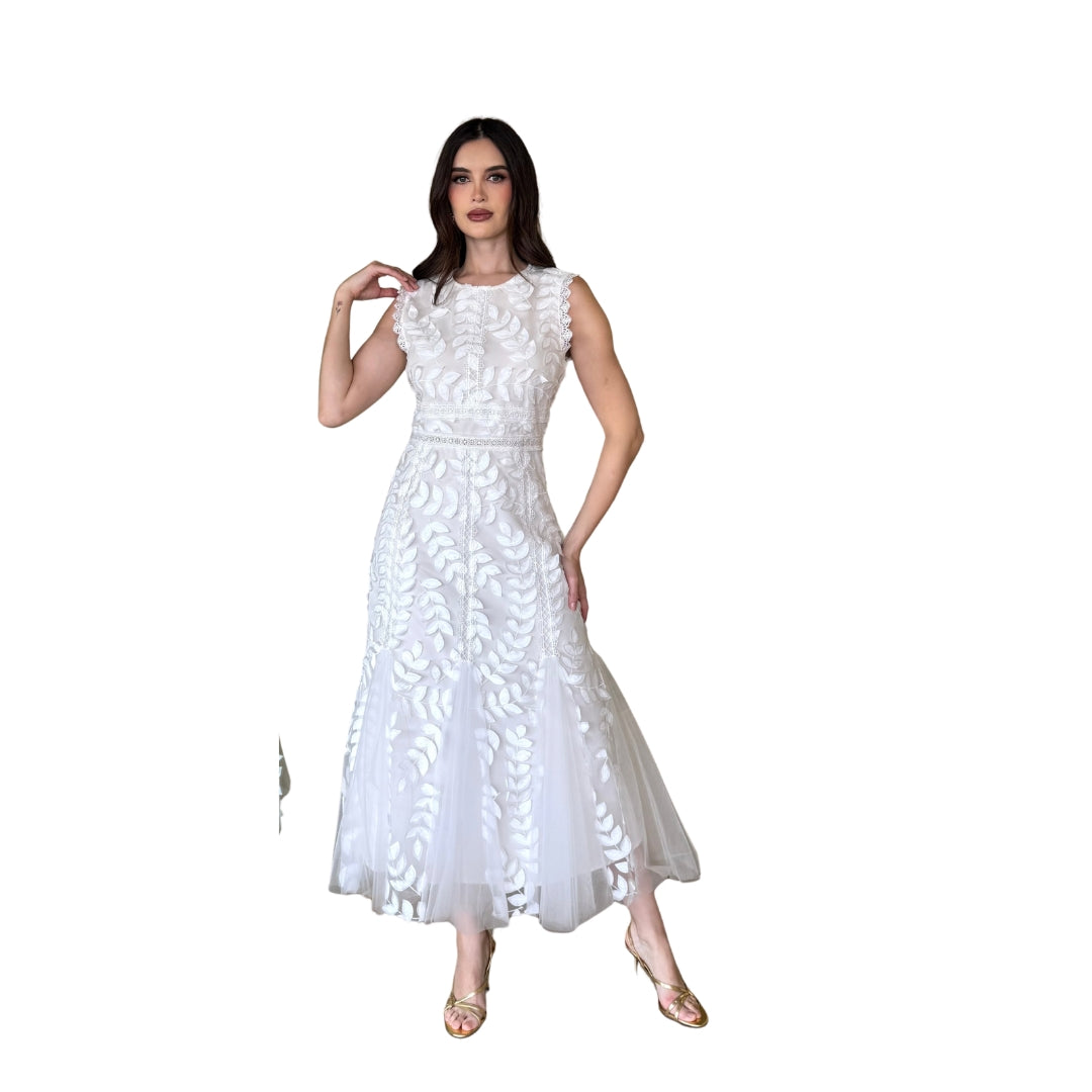 Libby | Vestido midi bordado floral ivory