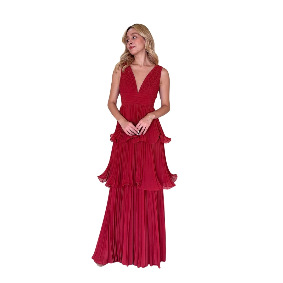 Marisa | Vestido largo plisado capas terracota
