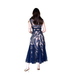 Libby | Vestido midi bordado floral azul marino