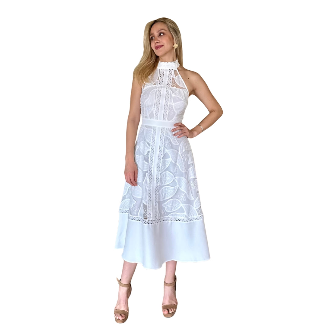 Darcy | Vestido midi halter bordado blanco