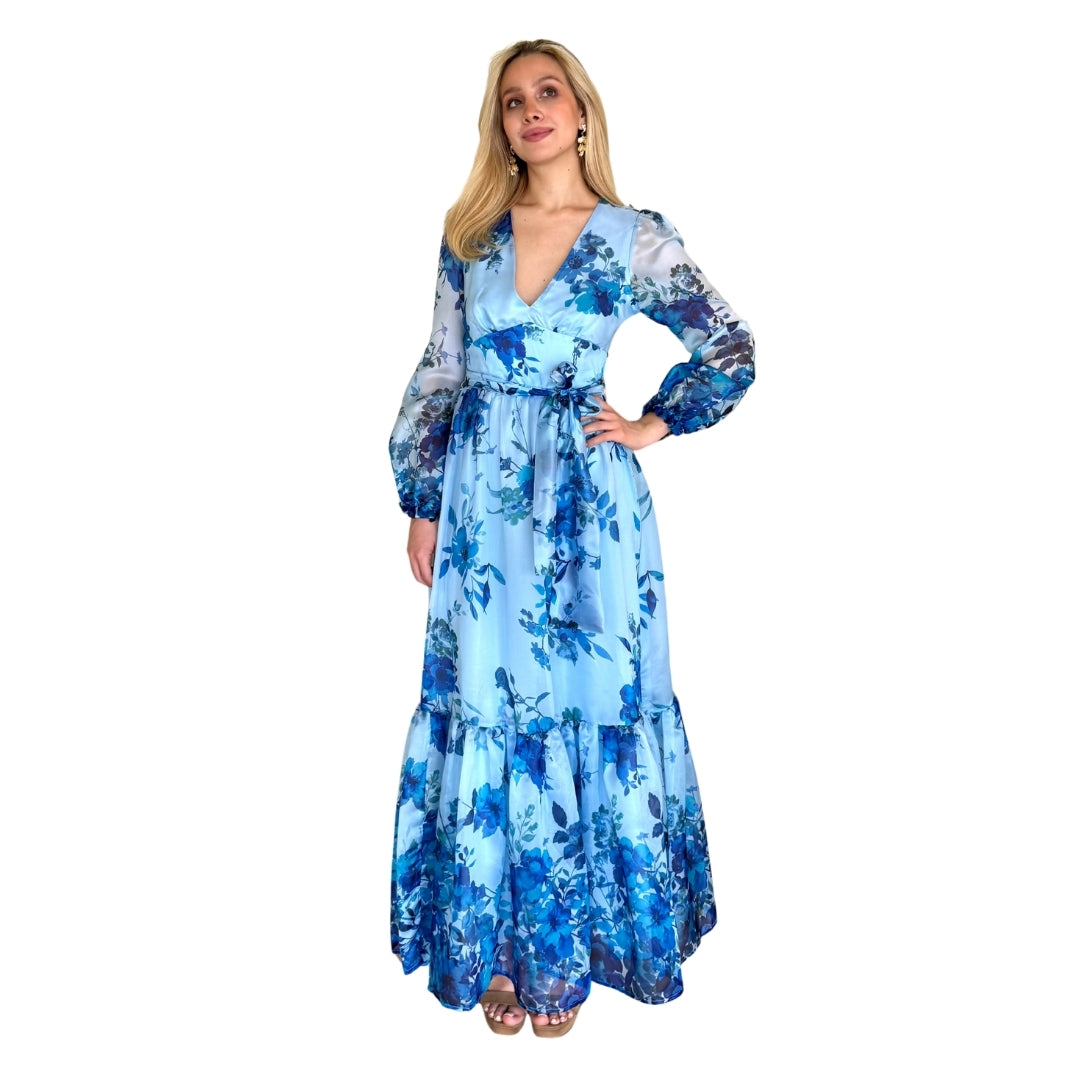Telma | Vestido largo con cinta ajustable azul estampado
