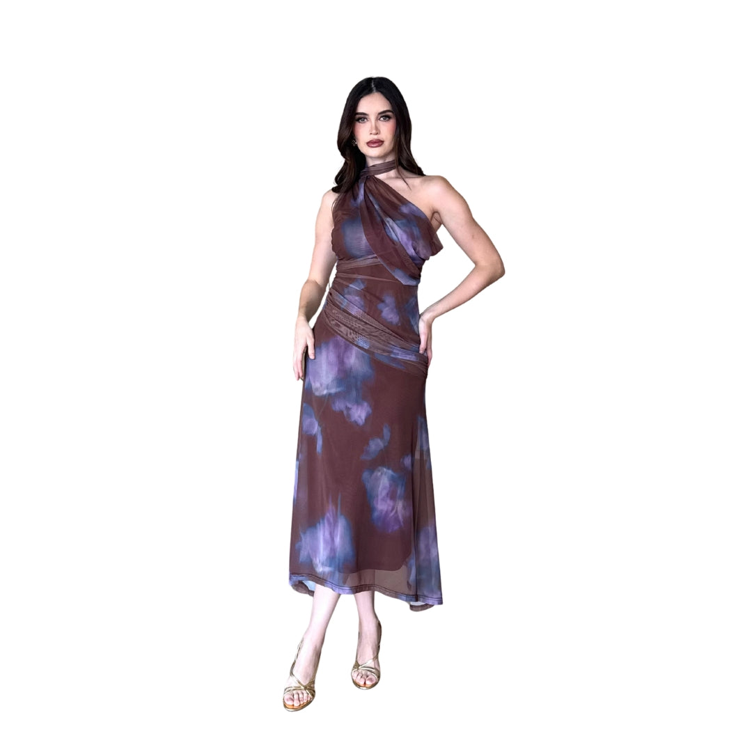 Liv | Vestido midi mesh mascada multicolor chocolate