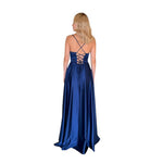 Jara | Vestido largo espalda cruzada satín azul cobalto