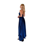 Jara | Vestido largo espalda cruzada satín azul cobalto