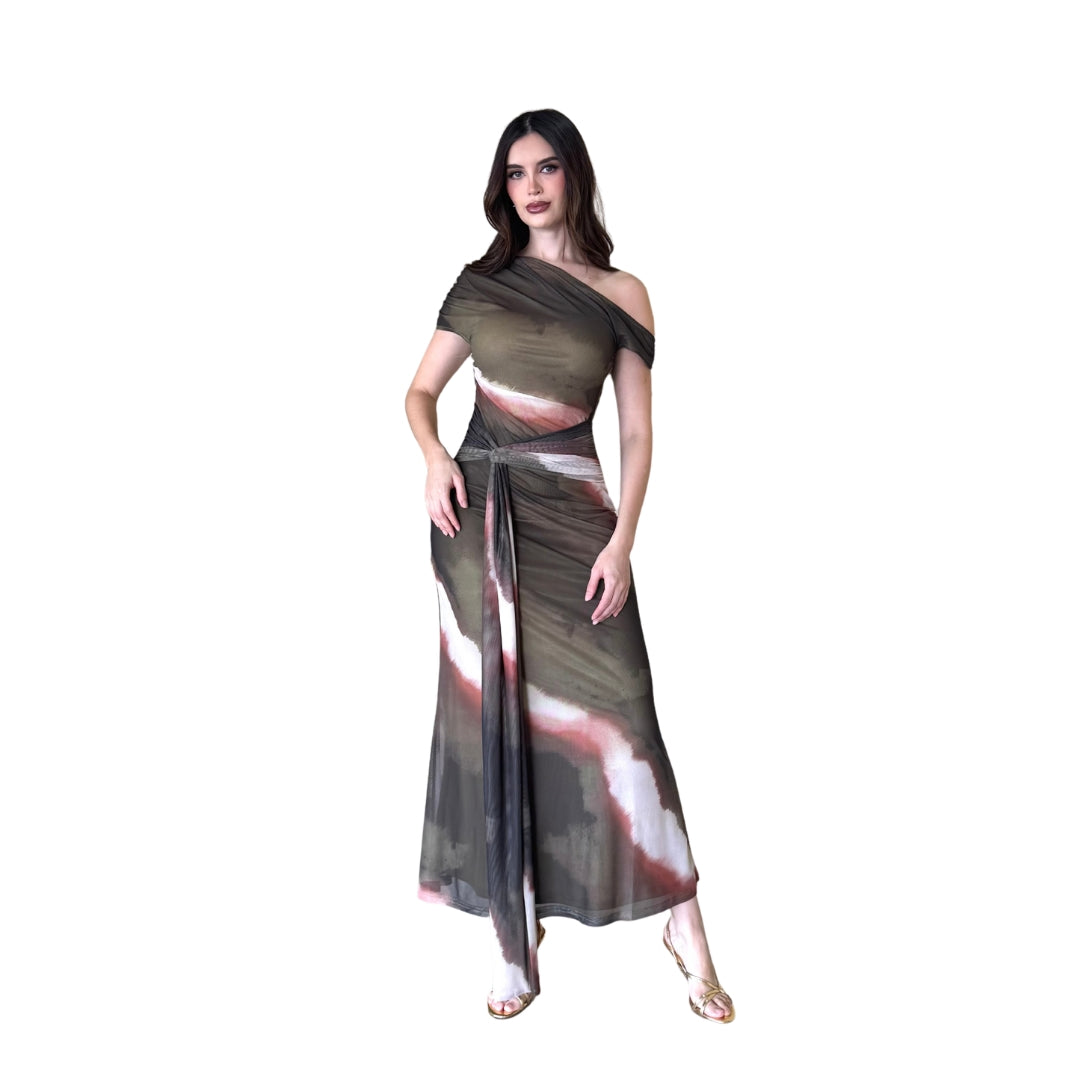 Lyra | Vestido midi mesh nudo multicolor olivo
