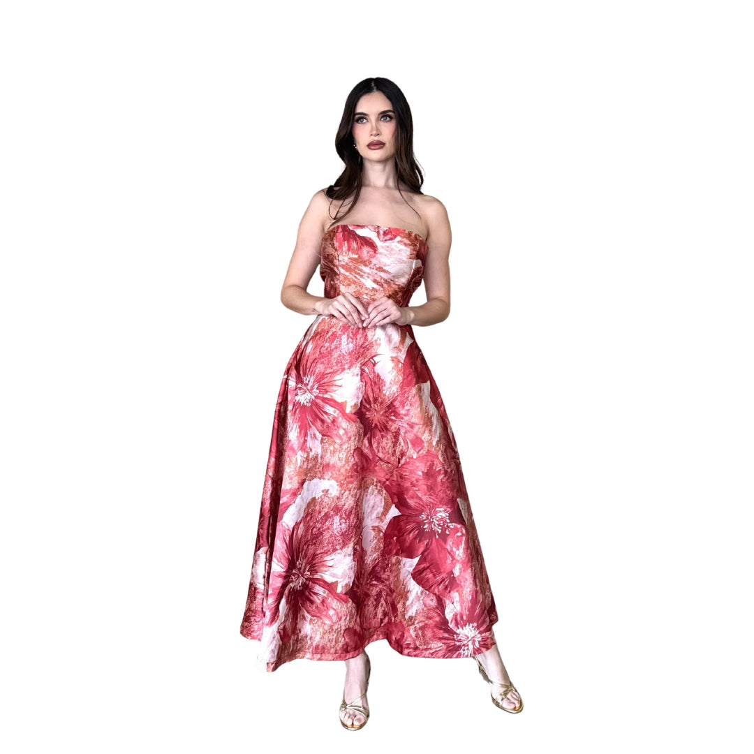 Beca | Vestido midi strapless estampado chedron