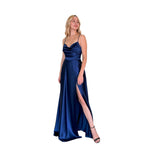 Jara | Vestido largo espalda cruzada satín azul cobalto