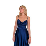 Jara | Vestido largo espalda cruzada satín azul cobalto