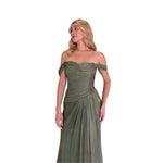 Xiara | Vestido largo shoulders off gasa drapeado olivo