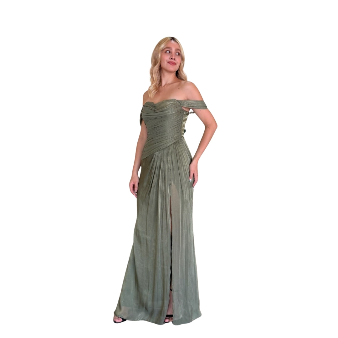 Xiara | Vestido largo shoulders off gasa drapeado olivo