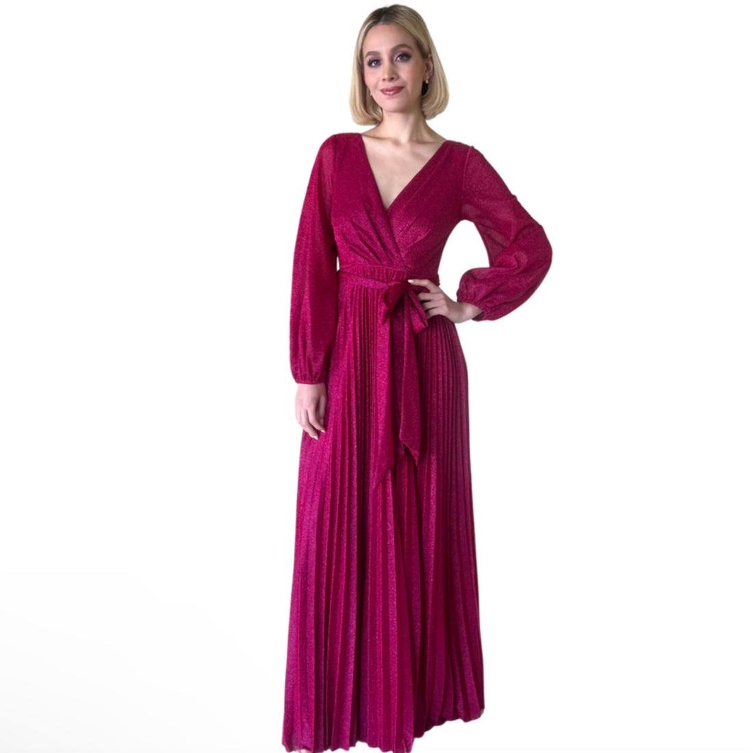 Gema | Vestido largo plisado con glitter magenta