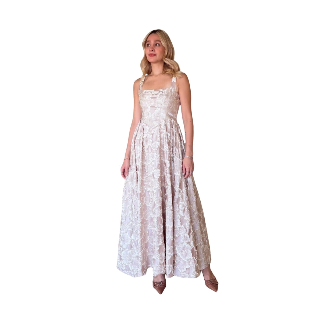 Nubia | Vestido largo con estampado metálico y textura ivory