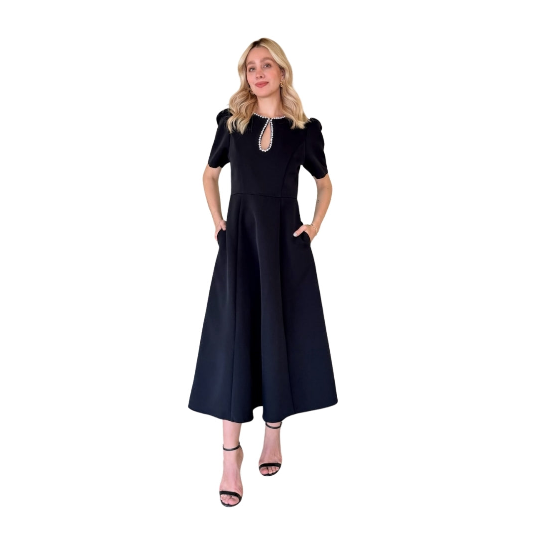 Kalila | Vestido midi detalles de pedrería negro