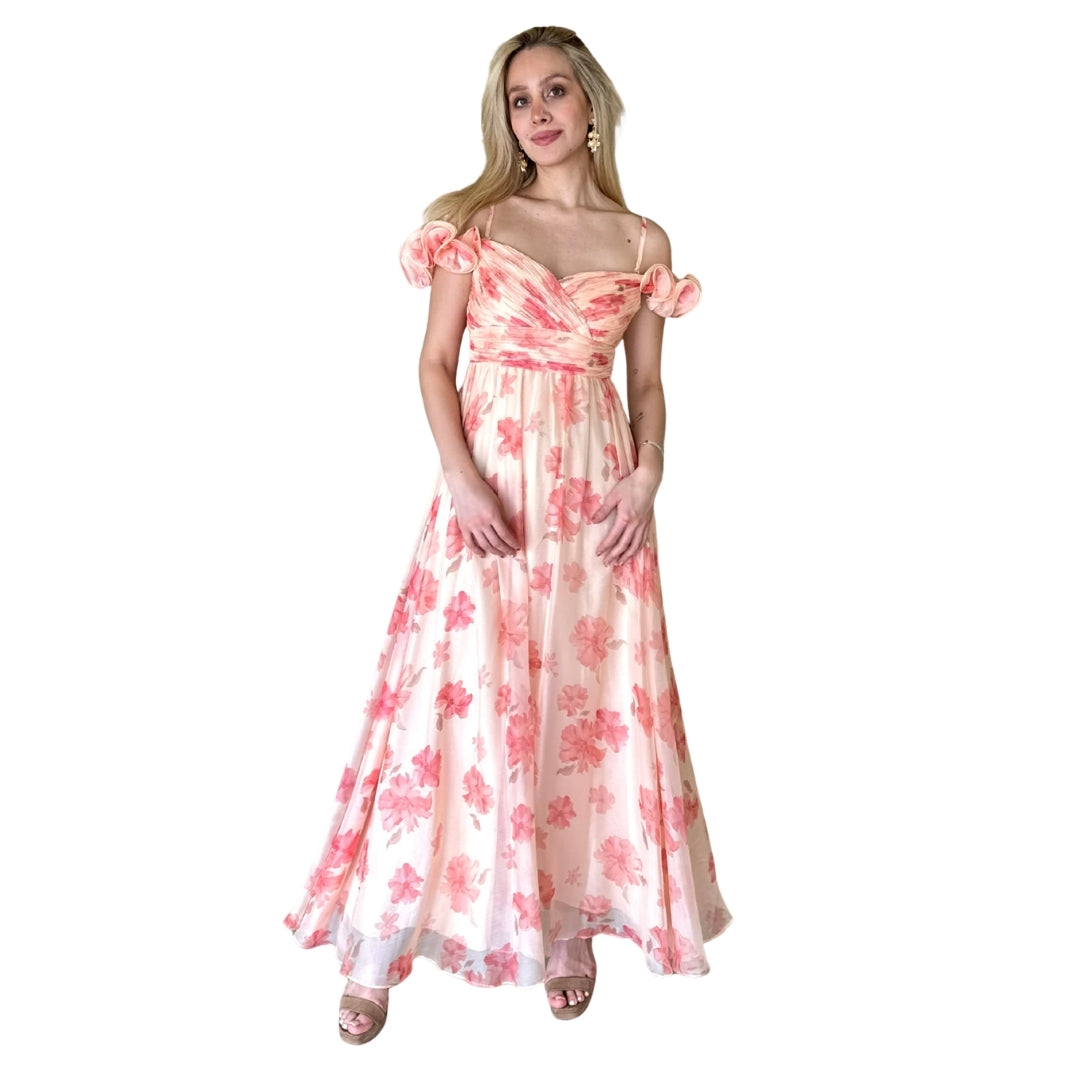 Anisa | Vestido largo  shoulders off estampado naranja