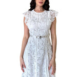 Halessa | Vestido midi encaje con cinturón blanco
