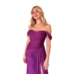 Xiara | Vestido largo shoulders off gasa drapeado uva