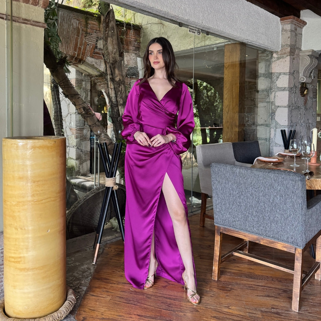 Idra | Vestido largo manga satín magenta
