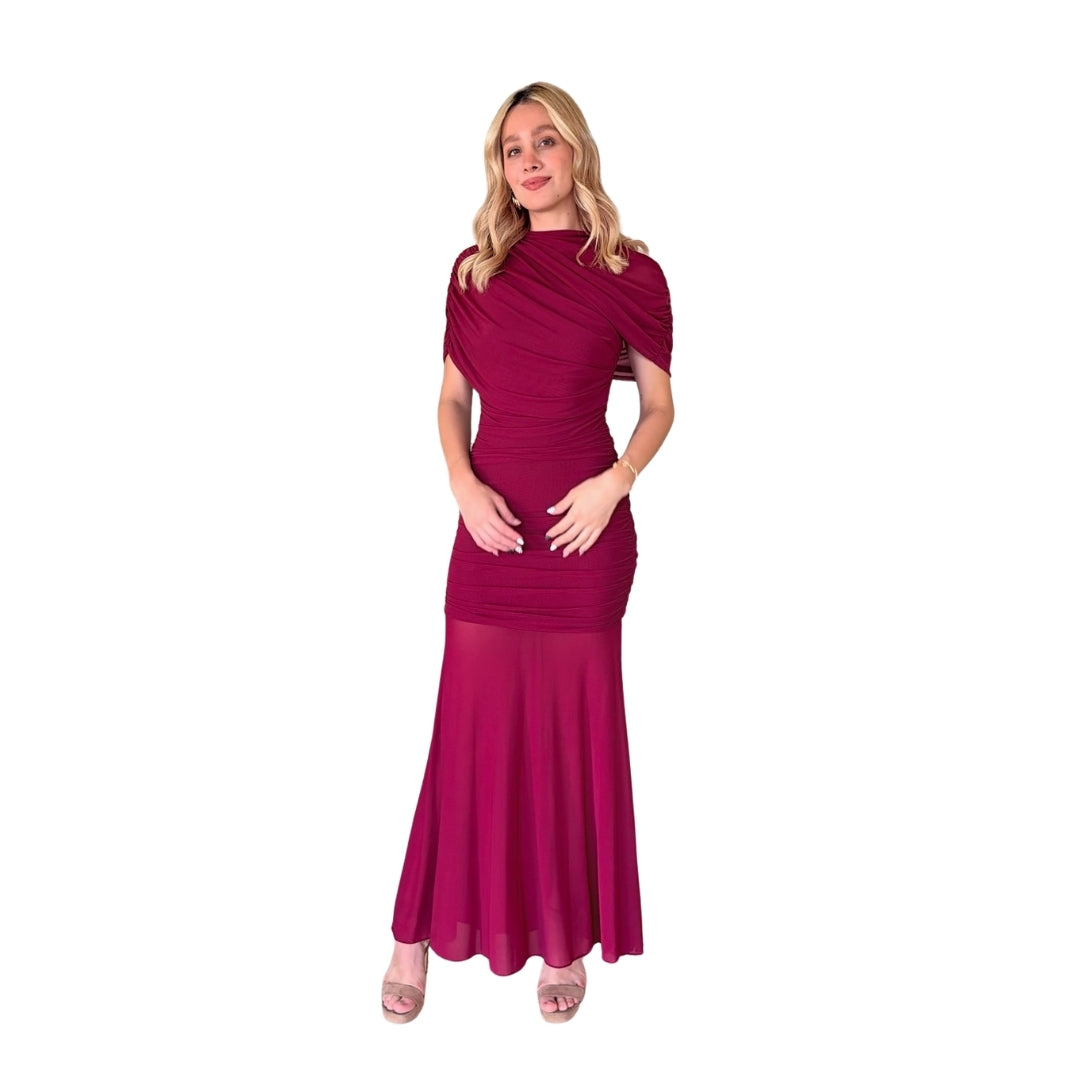Brunella | Vestido largo drapeado manga rojo