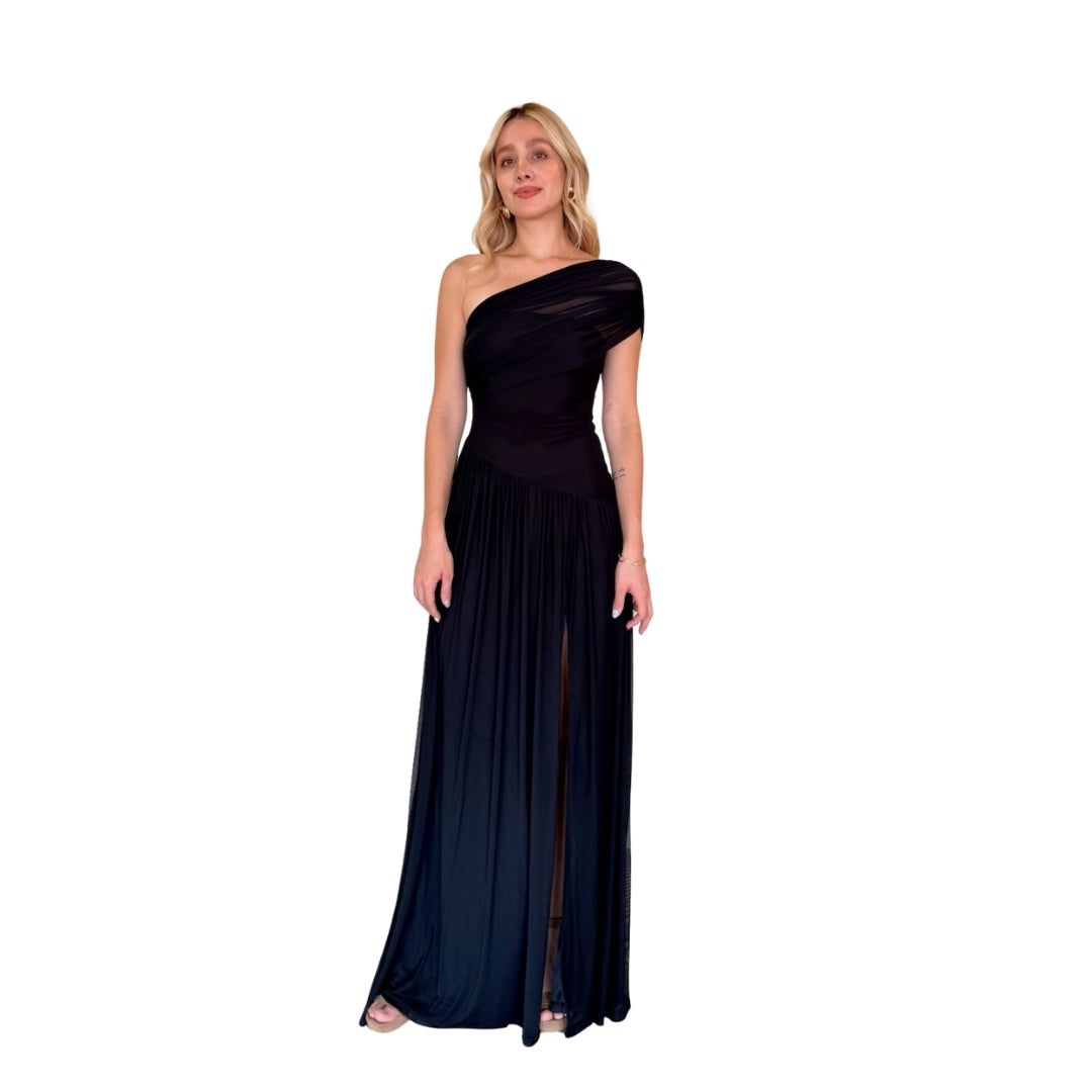 Irina | Vestido largo asimétrico mesh negro