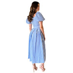 Mayela | Vestido midi mangas puff líneas azules