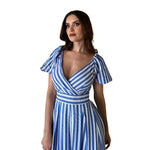 Mayela | Vestido midi mangas puff líneas azules