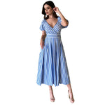 Mayela | Vestido midi mangas puff líneas azules
