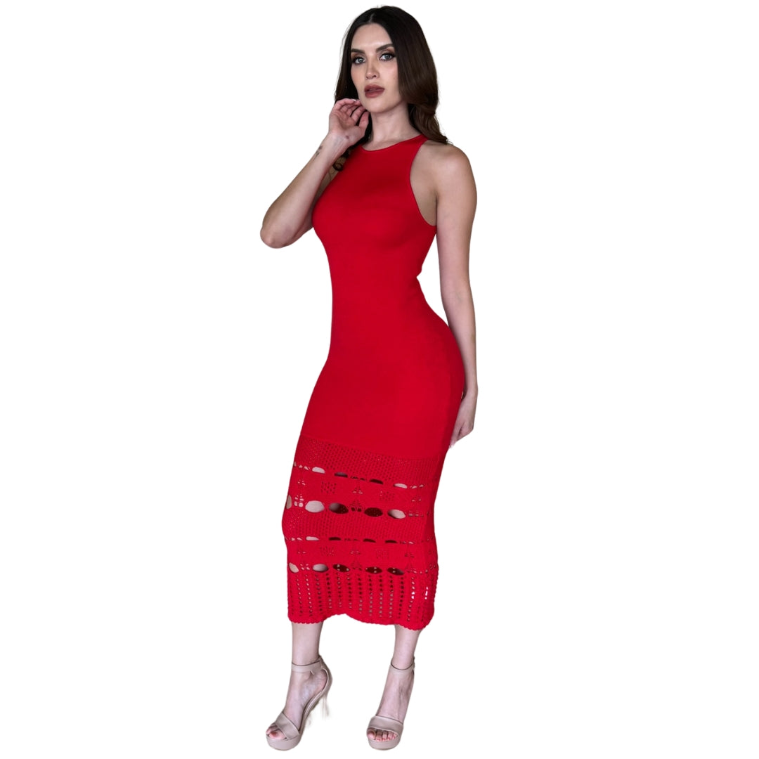 Verónica | Vestido midi bordado de punto rojo